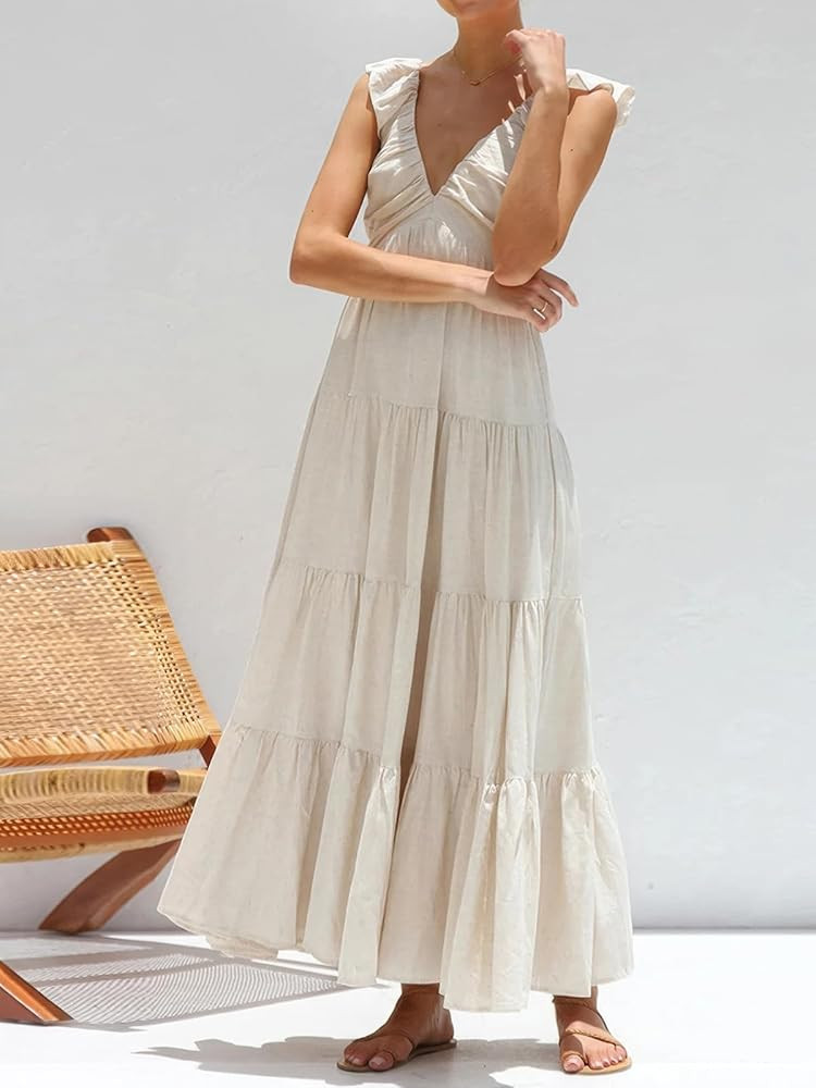 ebossy Women Flowy Tunic Beach Dress Sexy V Neck Ruffles Cap Sleeve Shirred Tiered Maxi Sundress | Amazon (US)