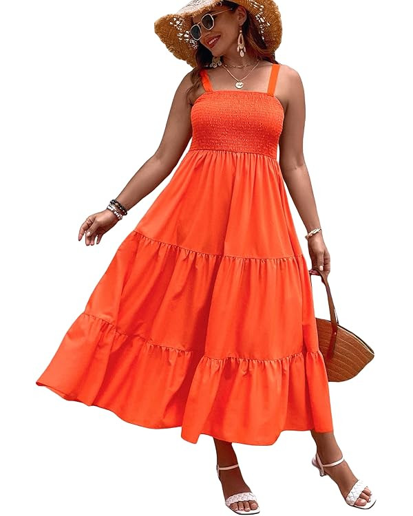MakeMeChic Women's Plus Size Layered Hem Shirred Sleeveless Cami Summer Long Dress | Amazon (US)