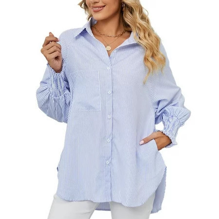 Defitshape Women s Long Sleeve Shirt Soft Stripe Blouse Top Boyfriend Work Bishop Sleeve Button Down Shirts Blue Large | Walmart (US)