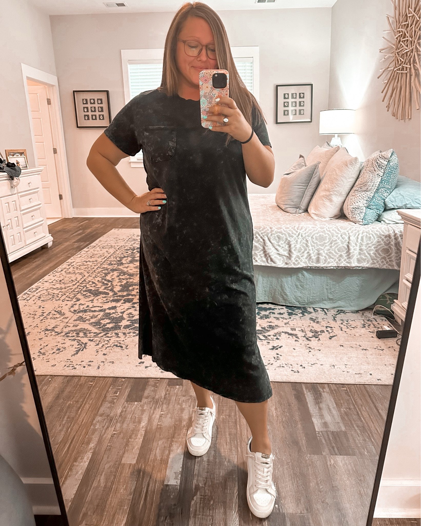 The Black Soot color is still in stock in this tshirt midi dress @ Walmart | $13.98 !!!!

I sized up from a Large to an XL in this one. 

Shoes are Vintage Havanas | 8.5 | TTS

#LTKBacktoSchool #LTKMidsize #LTKShoeCrush