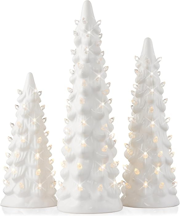 Casafield Set of 3 Hand Painted Ceramic Christmas Tree - White Pre-Lit 8, 10, 12-Inch Trees with ... | Amazon (US)