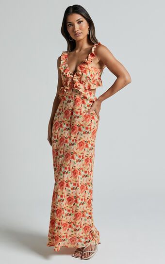 Alessa Midi Dress - V Neck Frill Detail Empire Waist Back Cut Out Dress in Peach Floral | Showpo (US, UK & Europe)