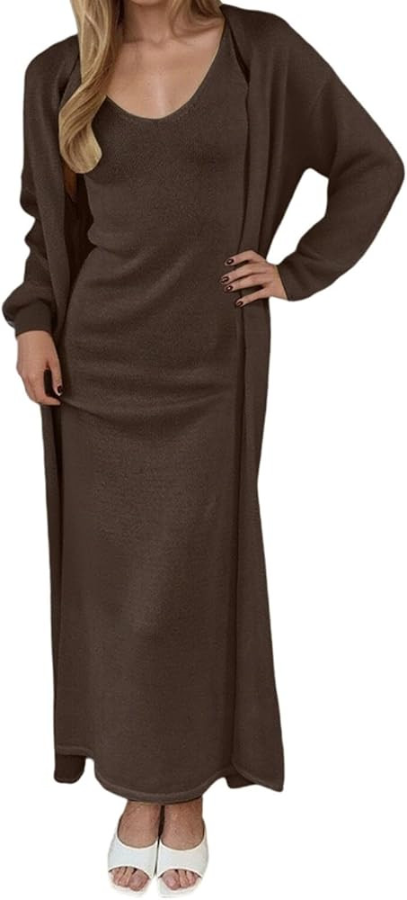 Womens 2 Piece Lounge Set Fall Sweater Knit Bodycon Maxi Dress Open Front Duster Long Cardigan Se... | Amazon (US)