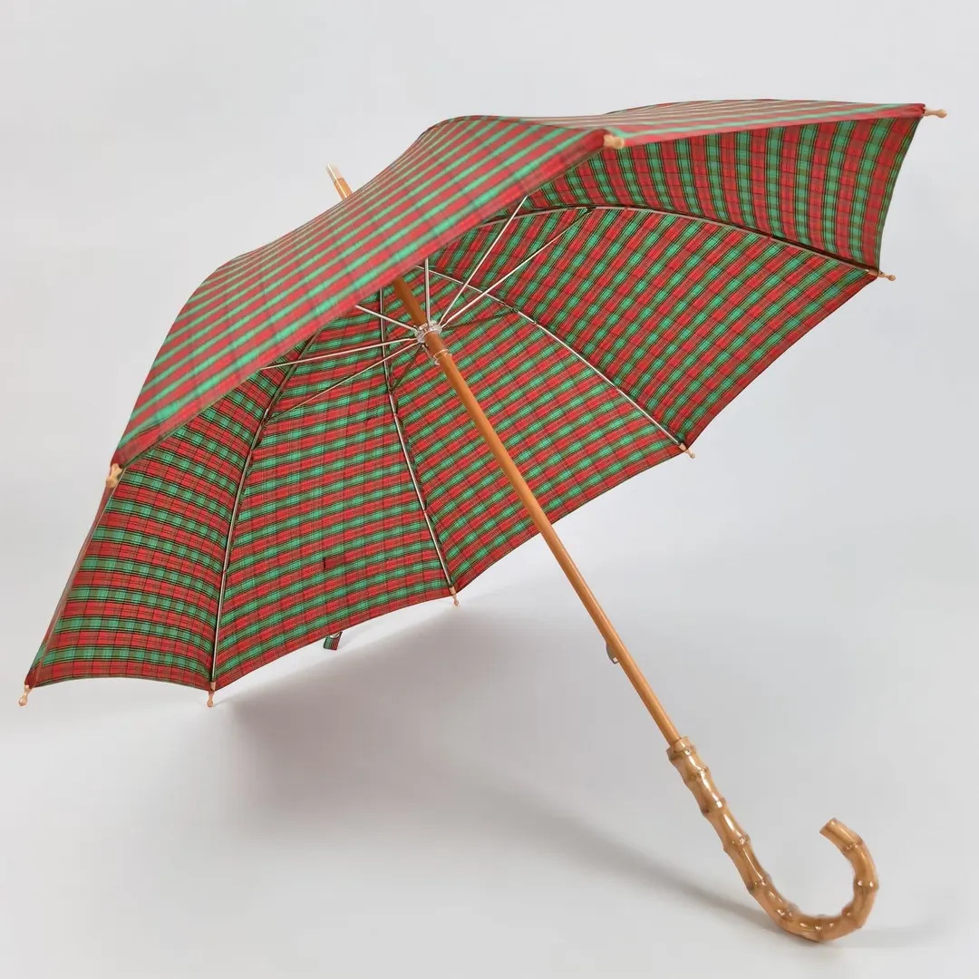 Japanese Vintage Red Green Plaid Stick Umbrella, TC Cotton Fabric Rain Sun Umbrella, Bamboo Handl... | Etsy (US)