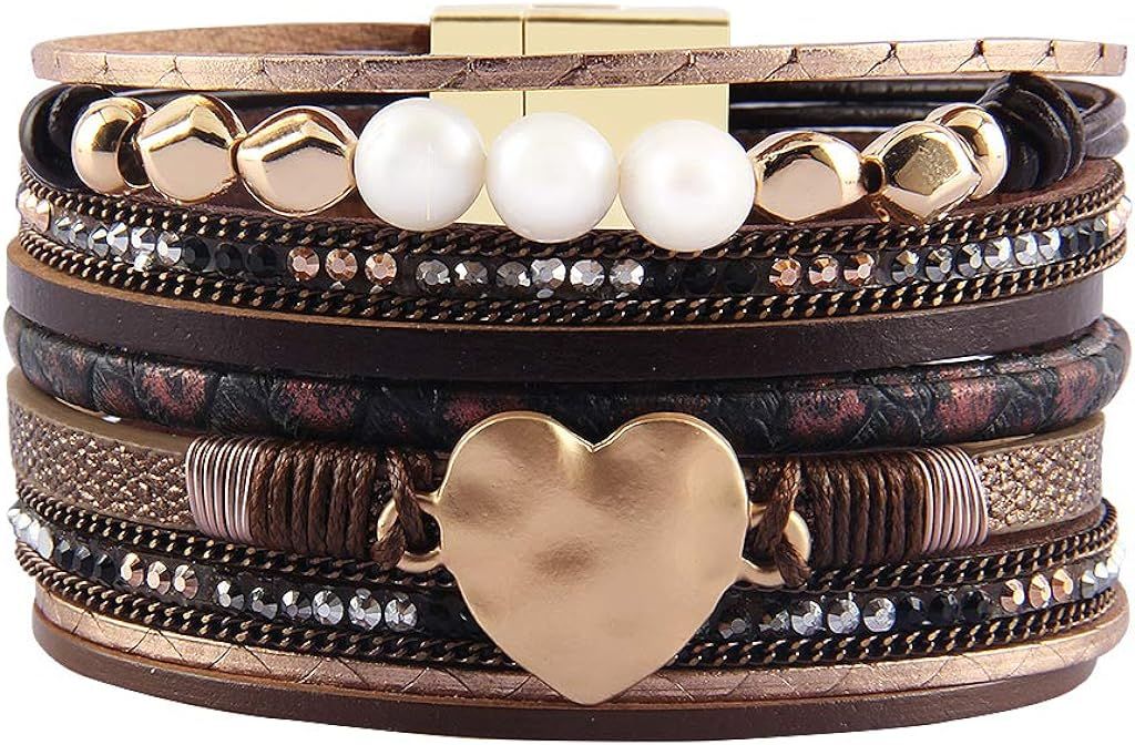 AZORA Leather Cuff Bracelet Multi Strands Beige Wrap Bangle with Pearl Boho Jewelry for Women Tee... | Amazon (US)