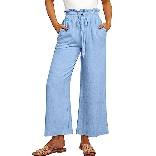 Wide Leg Pants Women Linen Blend Drawstring Relaxed Fit Pant Casual Loose Palazzo Pants High Waist Flowy Beach Trouser Sky Blue | Amazon (US)
