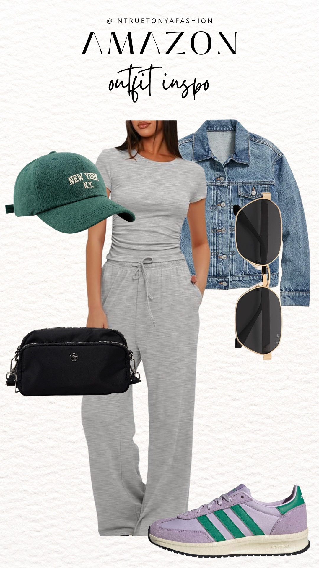 Travel outfit idea from amazon — 2 piece matching loungwear set, denim jacket, sunglasses, adidas sneakers, belt bag and baseball hat





Size 6/8 summer outfit ideas, midsize summer outfit, casual summer style, effortless everyday style, Amazon fashion midsize, petite Amazon fashion, coffee run outfit, SAHM outfits for summer, travel outfit ideas, airport outfit

#LTKootd #LTKSaleAlert #LTKTravel
