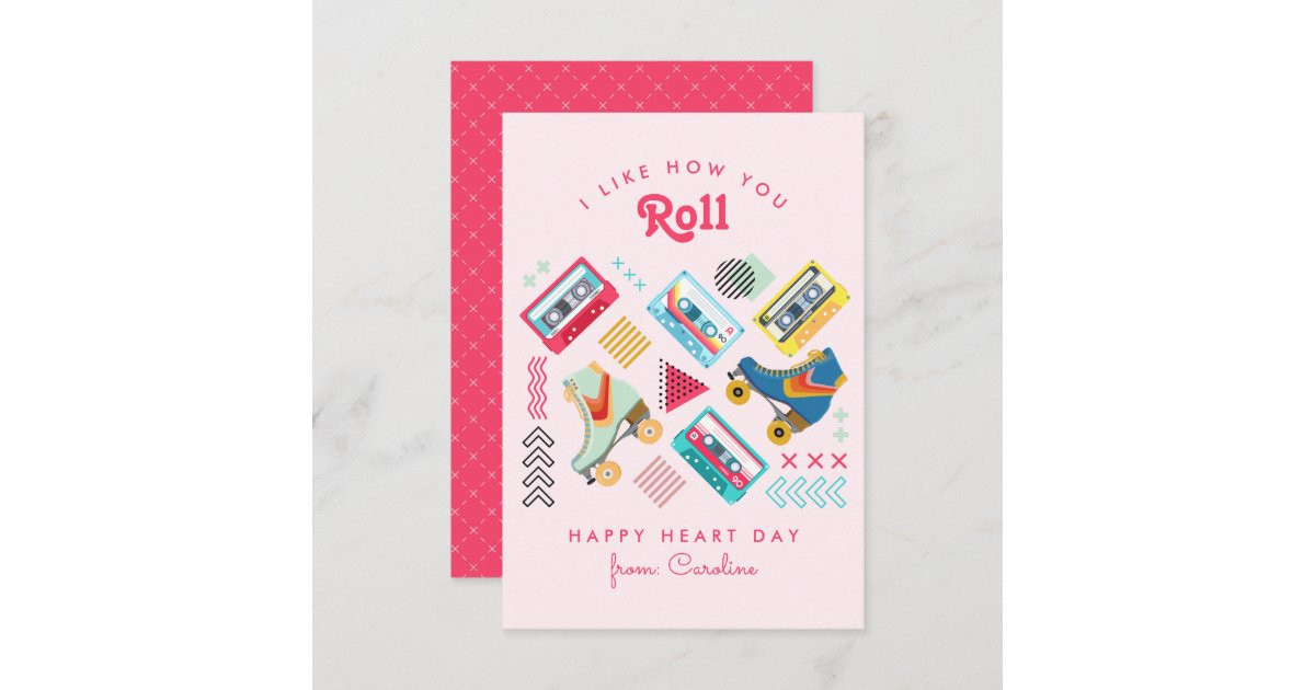 Pink Retro Rollerskate Classroom Valentine Note Card | Zazzle | Zazzle