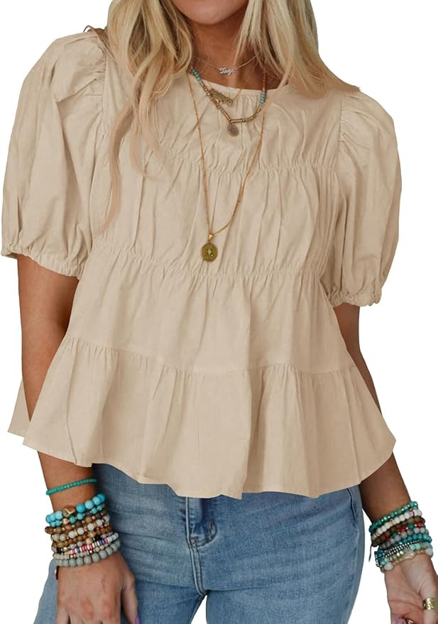 Tankaneo Womens Puff Sleeve Peplum Babydoll Tops Summer Smoked Pleated Cotton T-Shirts Casual Loo... | Amazon (US)