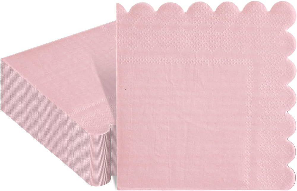 Whaline 100Pcs Dusty Pink Cocktail Napkin Scalloped Paper Napkin Thick Disposable Party Dinner De... | Amazon (US)
