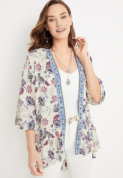 Paisley Border Floral Print Kimono | Maurices