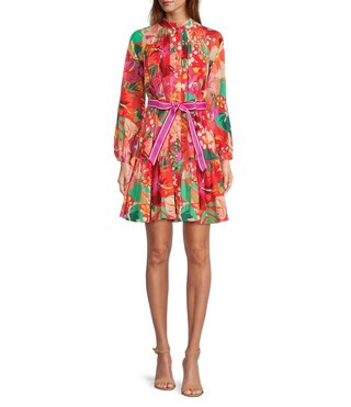 Brynn Floral Print Mock Neck Long Sleeve Tie Waist Button Front Flounce Hem Dress | Dillard's
