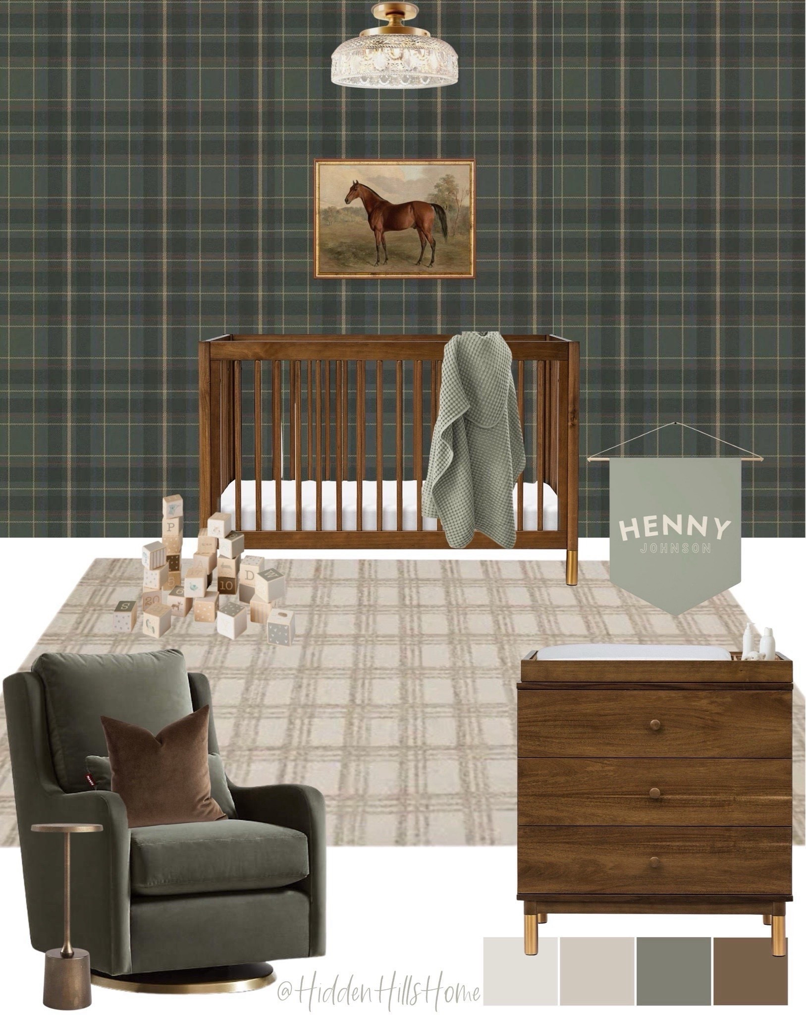Green plaid nursery mood board, wallpaper for nursery, equestrian themed nursery design #babyroom





#LTKBaby #LTKHome #LTKSaleAlert