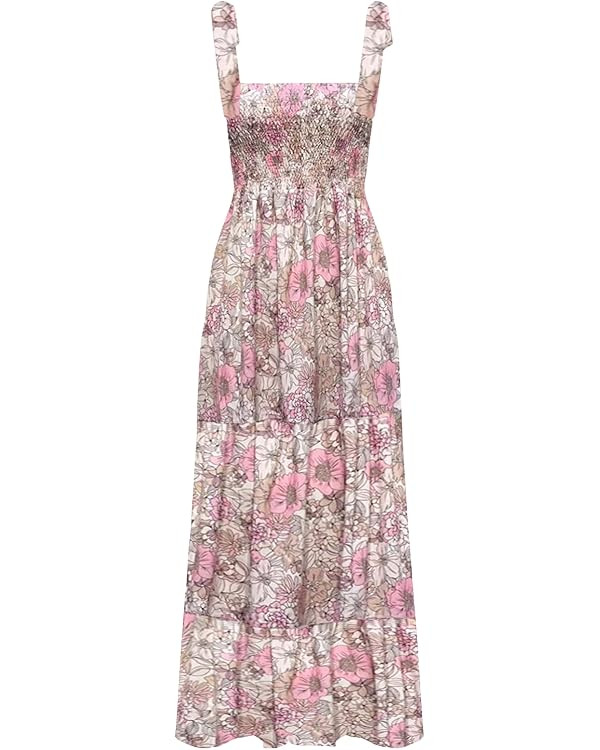 kinstell Women's Summer Boho Spaghetti Strap Square Neck Ruffle Casual Flowy Long Dress Beach Swi... | Amazon (US)