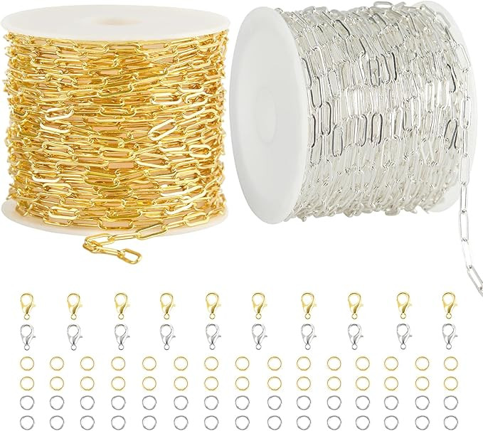 Kyutong 2 Rolls Paperclip Chain for Jewelry Making 32.8 Feet Jewelry Chain Links Silver and Gold ... | Amazon (US)