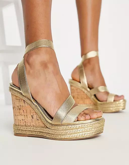 ASOS DESIGN Trinity elastic strappy wedges in gold | ASOS (Global)