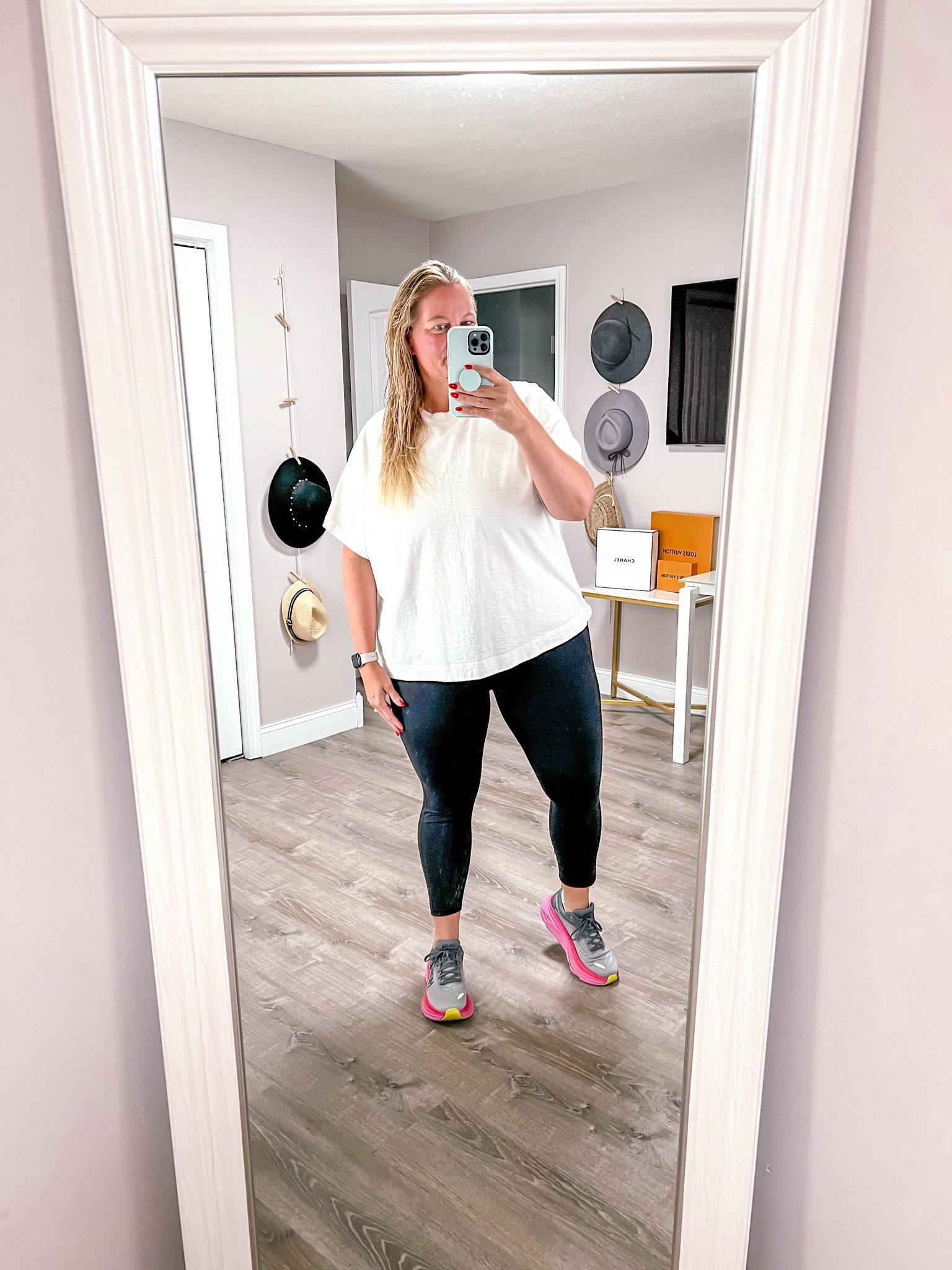 Capri leggings and white tee with sneakers. 

#LTKPlusSize #LTKActive #LTKFitness