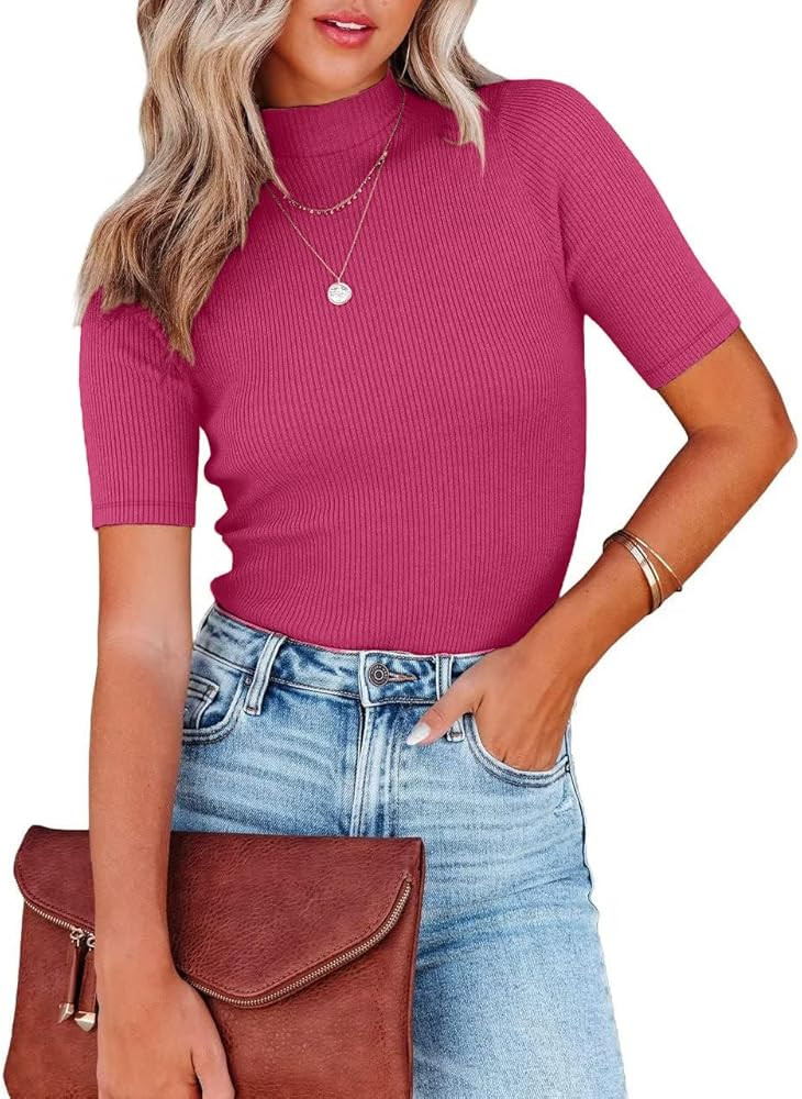 Women Tops Dressy Casual Mock Turtleneck Short Sleeve Ribbed Business Work Shirts Blouses | Amazon (US)