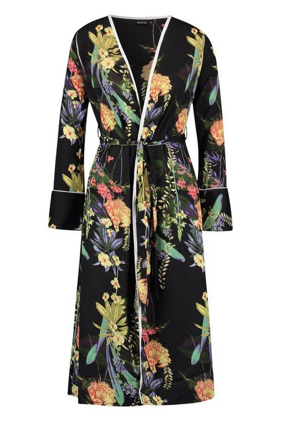 Dark Tropical Floral Belted Kimono | Boohoo.com (US & CA)