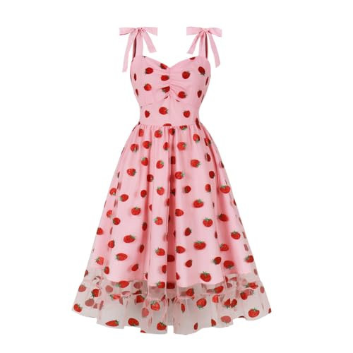 Strawberry Dress Women Sleeveless Spaghetti Strap Dress Tie Straps Dress for Women Strawberry Print Dress Ruched Summer A Line Homecoming Dress Tulle Prom Dress Ruffle Boho Sun Dresses Strawberry XL | Amazon (US)