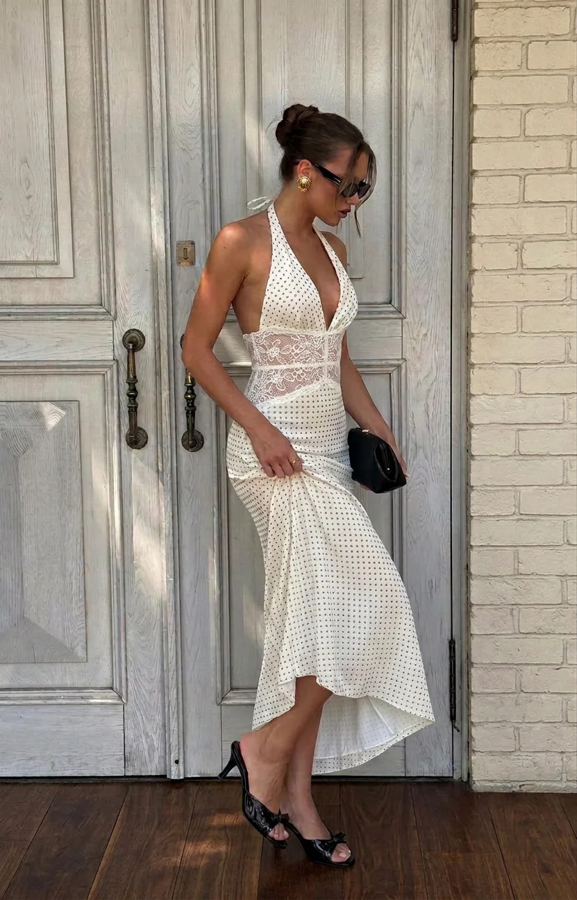 Satin Satin Polka Dot V-neck Lace Panel Mermaid Maxi Dress For Date Wedding | Cider