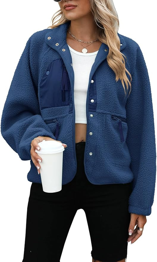 Yanekop Womens Fleece Jacket Fuzzy Long Sleeve Short Winter Coats Button Down Sherpa Jacket Outer... | Amazon (US)