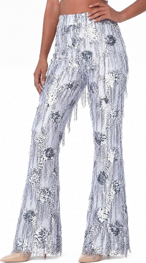 Women's Sequin Flare Pants Fringe Sparkly High Waisted Bell Bottom Disco Rave Party Clubwear Trou... | Amazon (US)