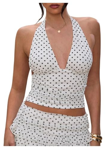 Milumia Women Polka Dots Halter Crop Top Y2k V Neck Open Back Ruched Going Out Tank Tops Clubbing Outfits White Medium | Amazon (US)