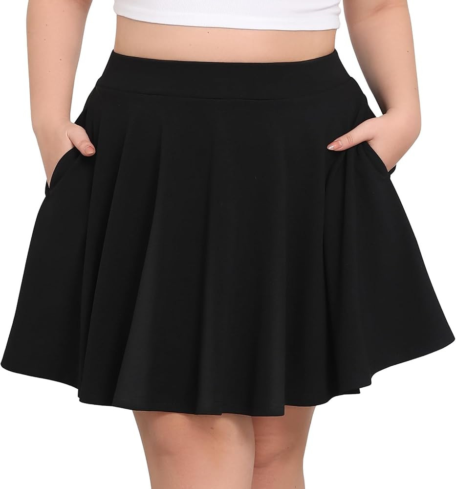 Women's Plus Size Mini Skater Skirt Basic Versatile Stretchy Flared Casual Skirts with Pockets | Amazon (US)