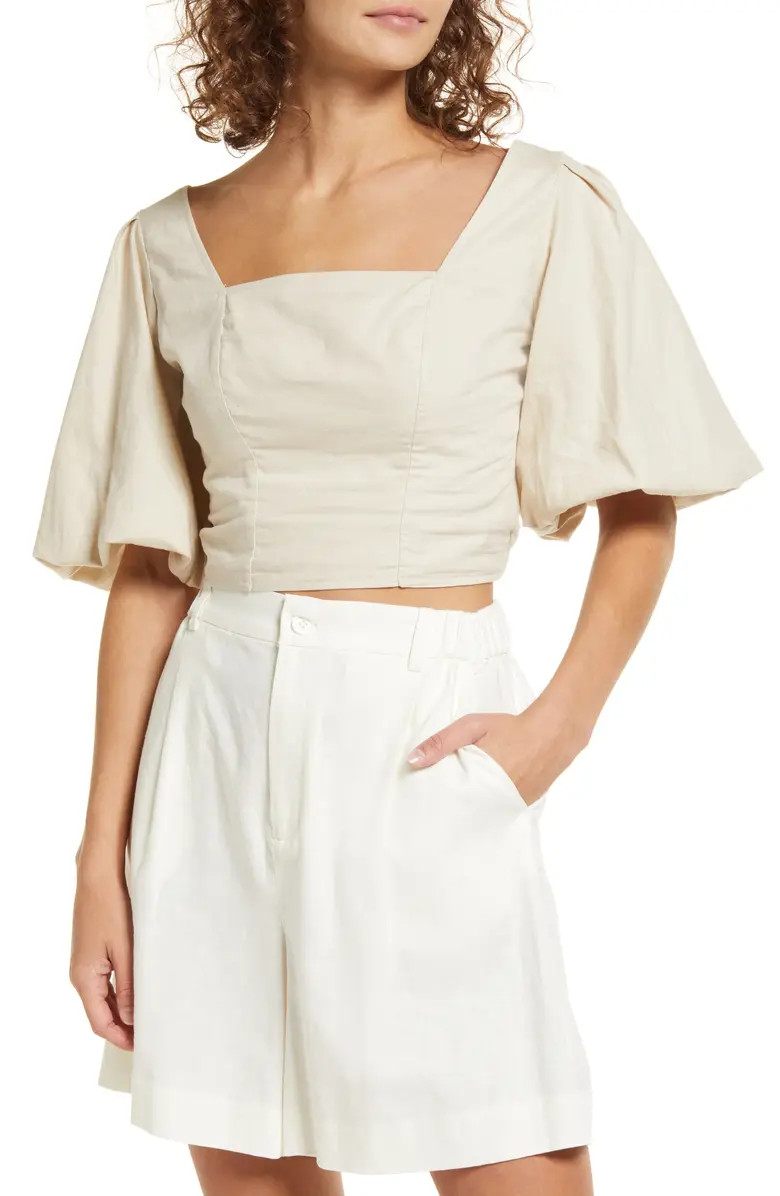 Open Edit Puff Sleeve Linen Blend Crop Top | Nordstrom | Nordstrom