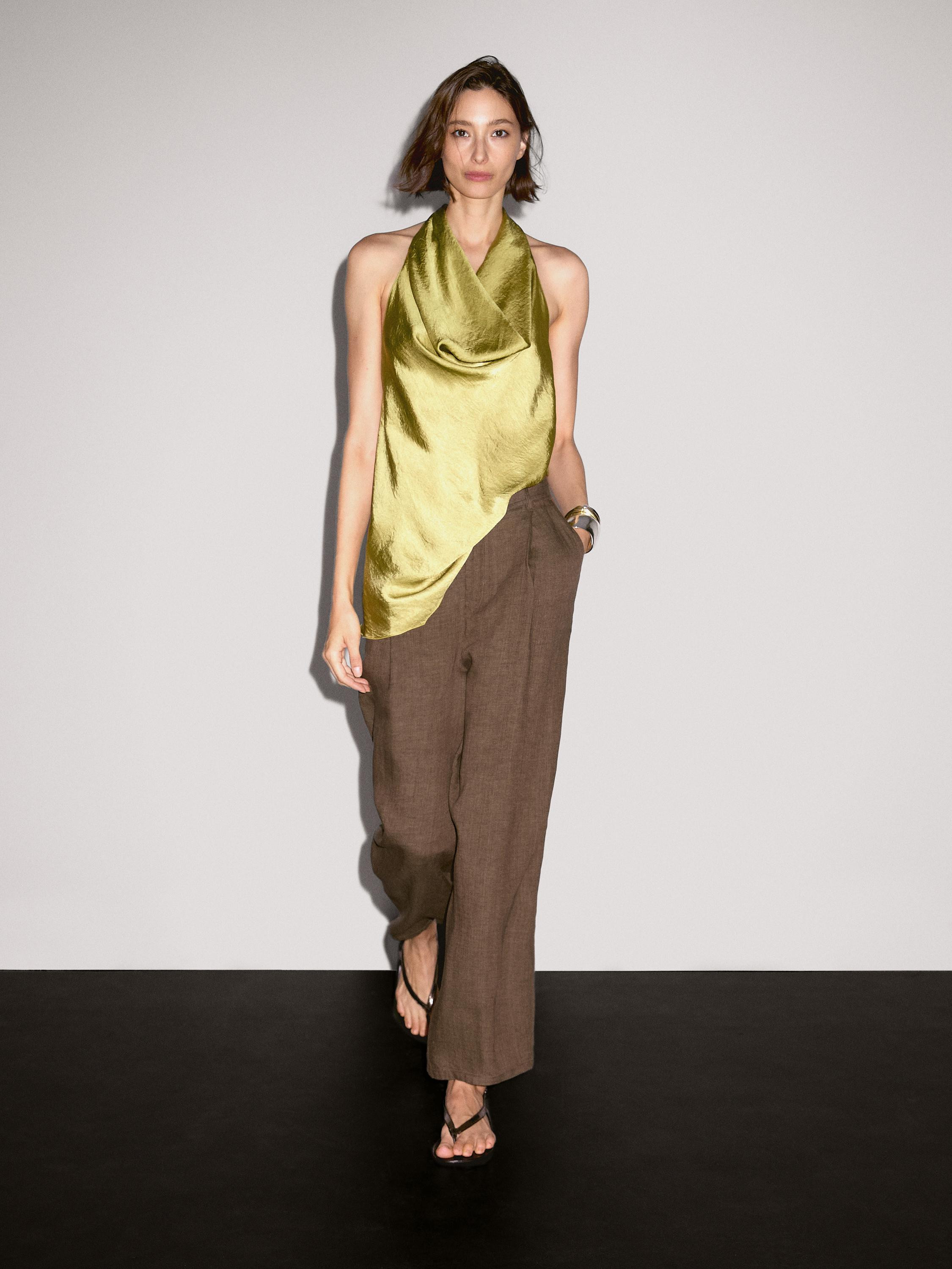 100% linen wide-leg trousers | Massimo Dutti US