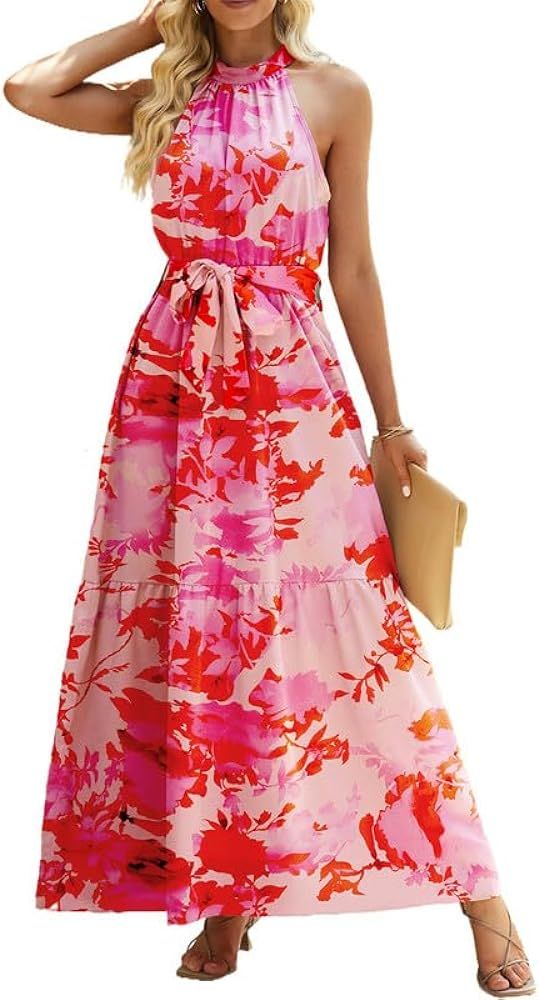 Dokotoo Womens Summer Floral Bohemian Wedding Guest Bridesmaid Halter Neck Maxi Dress with Belted | Amazon (US)