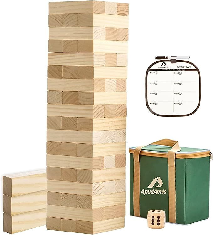 ApudArmis 54 PCS Tumble Timber Set [Stack to 3FT], Pine Wooden Tumble Tower Game with Dice and Sc... | Amazon (US)