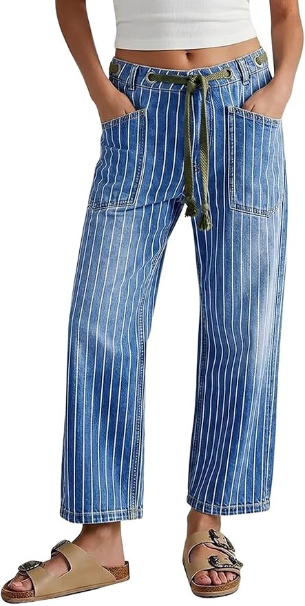 Flamingals High Waist Barrel Leg Jeans for Women Pinstripe Drawstring Casual Stretchy Denim Pants... | Amazon (US)