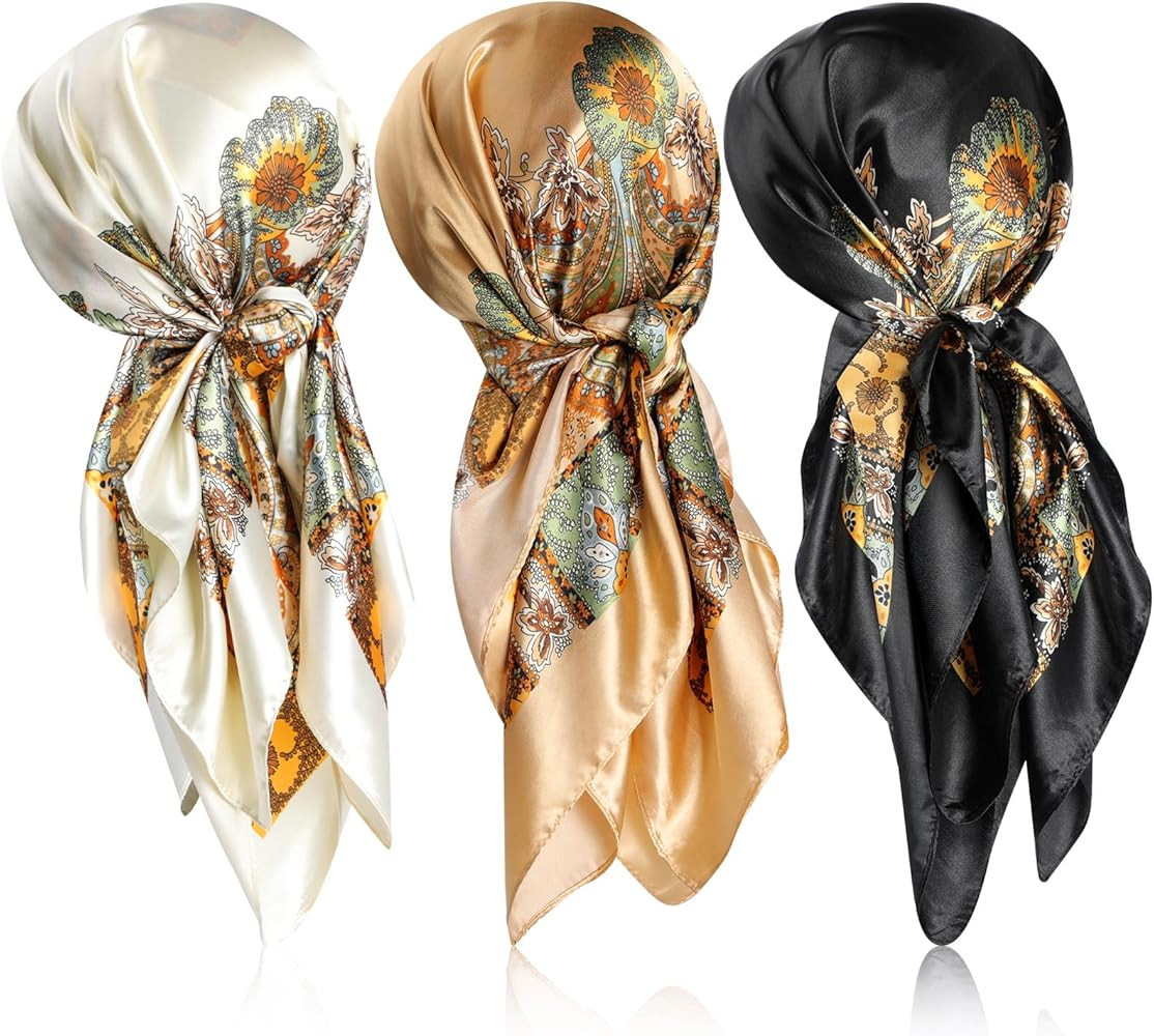 Sintege 3 Pcs 35 Inch Silk Head Scarf Large Square Neck Sleeping Hair Wrapping Satin for Women | Amazon (US)
