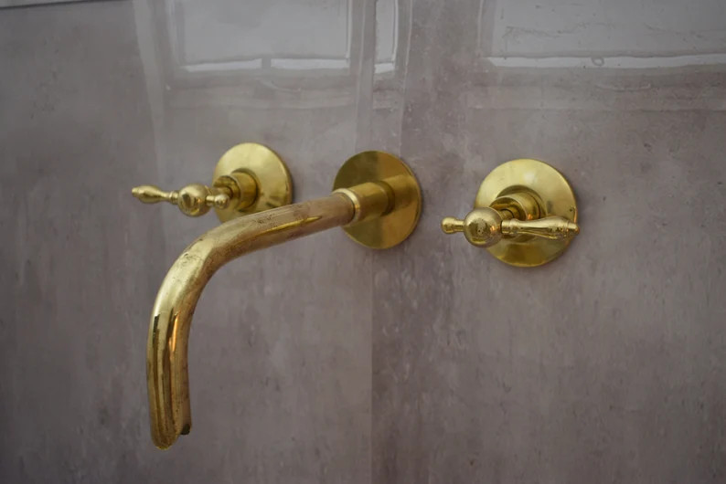Unlacquered Brass Wall Mount Built in Bathroom Vanity Sink Faucet With Lever Handles - Etsy Canad... | Etsy (US)