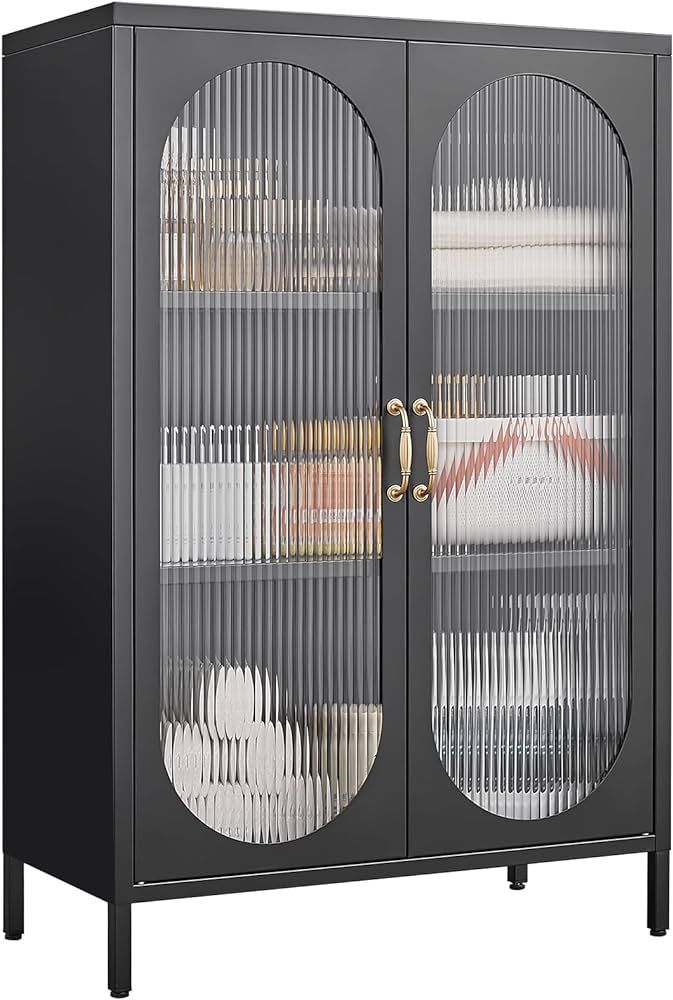 Black Fluted Glass Cabinet,Arched Cabinet with Glass Doors,Accent Buffet Storage Cabinet with Adj... | Amazon (US)