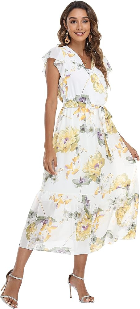 VintageClothing Women's Floral Summer Dress Wrap V Neck Ruffle Midi Dress | Amazon (US)