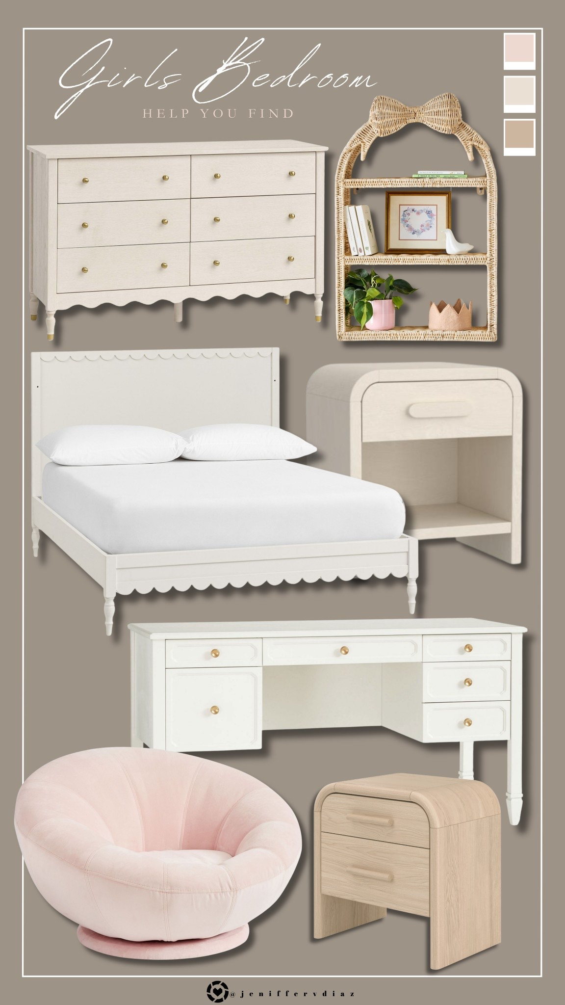 Girls Bedroom

Scalloped bed frame
Chic white dresser
Elegant writing desk
Curved nightstand
Bow-shaped rattan shelf
Blush pink swivel chair



#LTKStyleTip #LTKKids #LTKHome