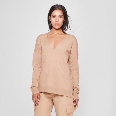 Women's Long Sleeve V-Neck Pullover Sweater - Prologue™ Tan S | Target