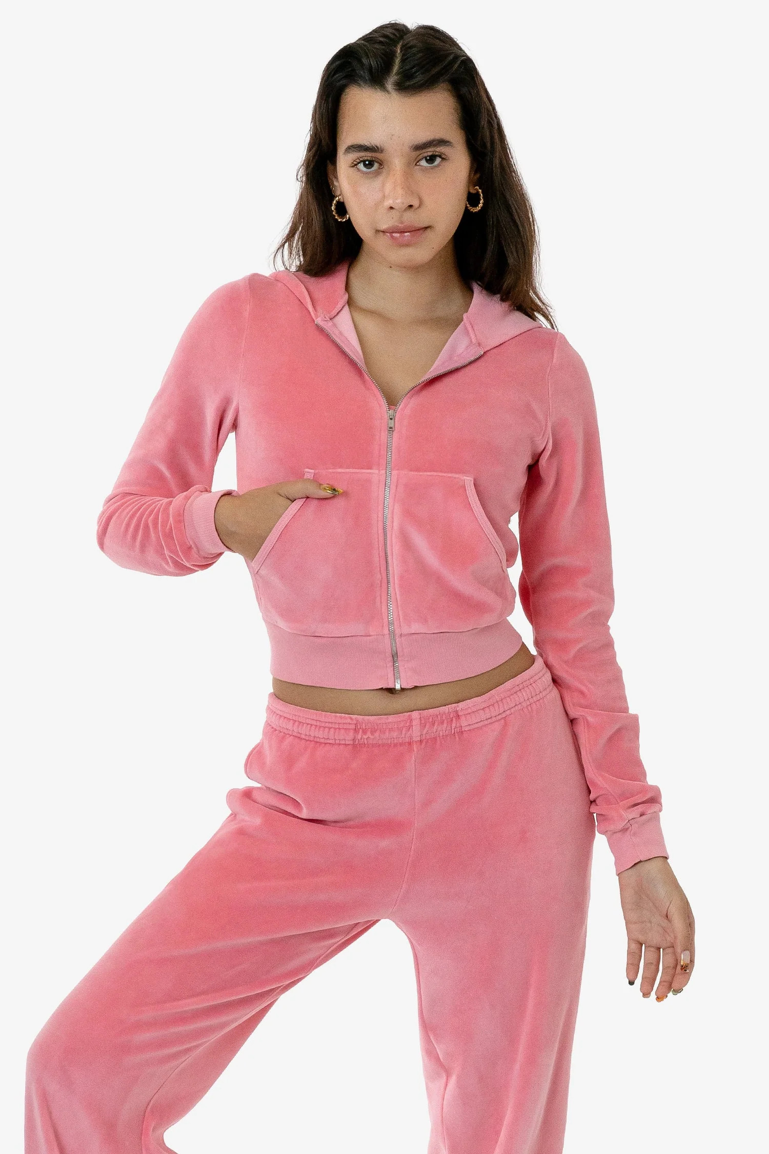 VLR310GD - Garment Dye Velour Mid-Length Zip-Up Hoodie - Strawberry Pink / XS | Los Angeles Apparel