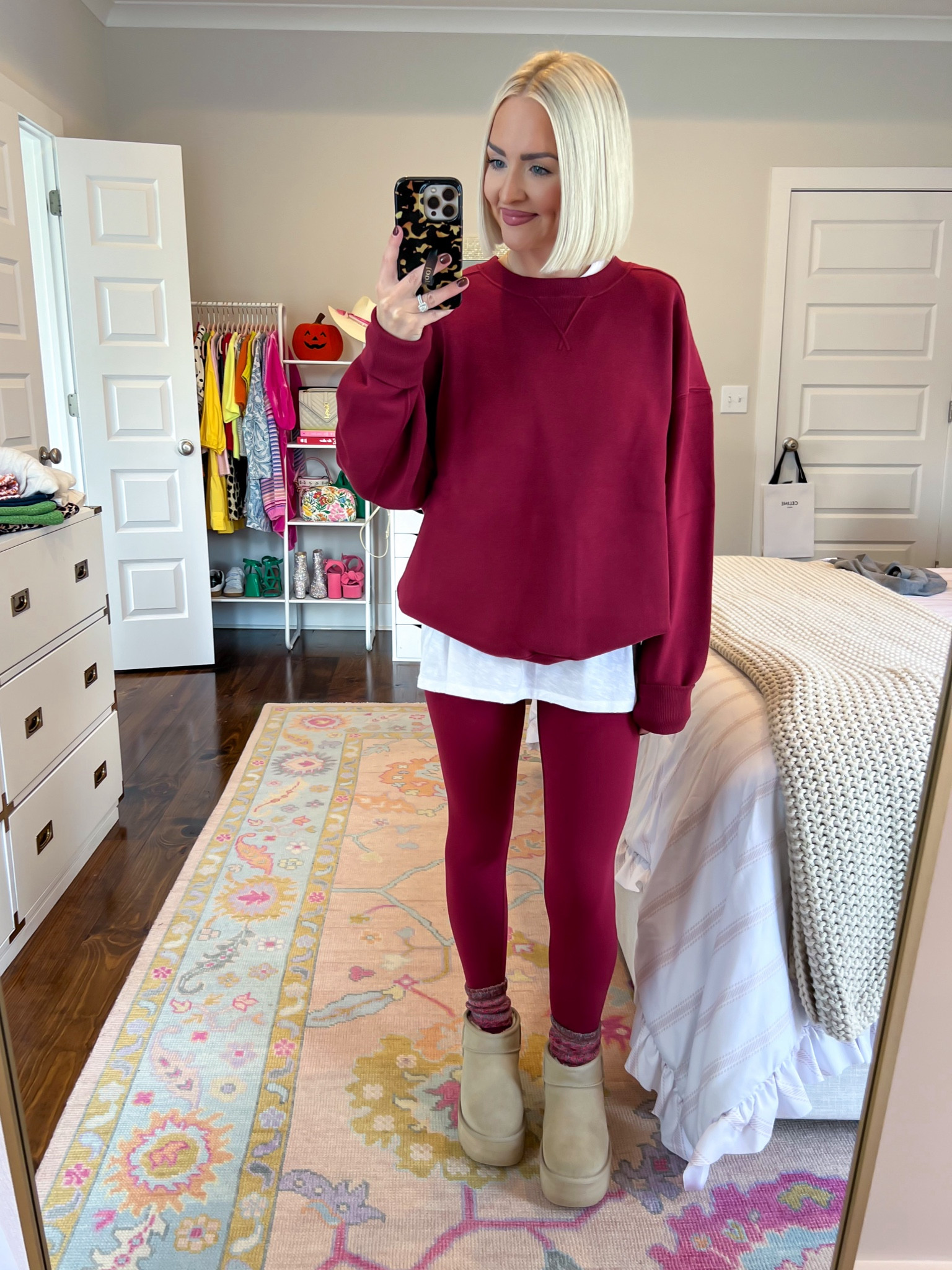 Burgundy Cloud fleece crewneck sweatshirt (XS) / burgundy real me high waisted crossover leggings (SM short) / fall travel outfit 

#LTKSeasonal #LTKSaleAlert
