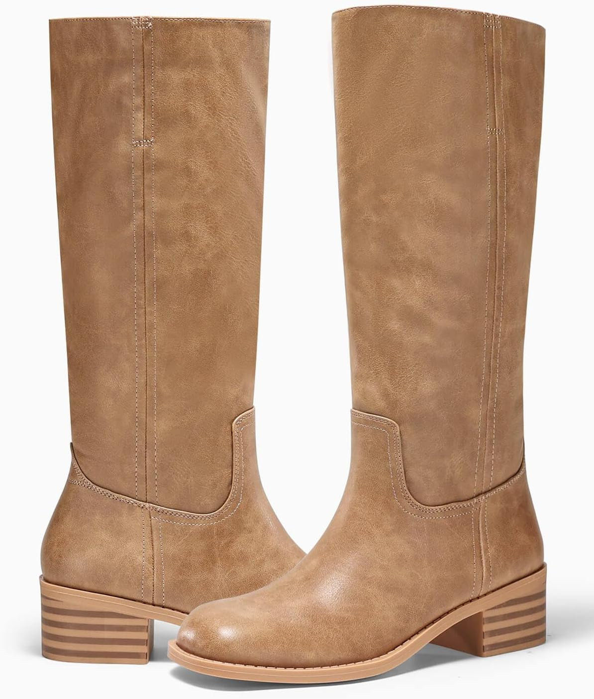 Coutgo Women's Knee High Boots Square Toe Chunky Block Heel Tall Boots Comfortable Low Heel Shoes | Amazon (US)