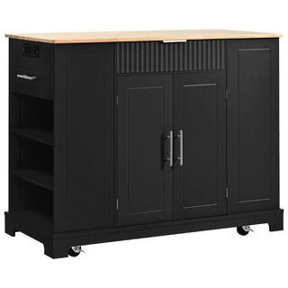 Black Wood 48.5 in. Kitchen Island with 2 AC Outlets, 1 USB Port, and 1 Type-C, Kitchen Cart with 3 Open Side Rack | The Home Depot