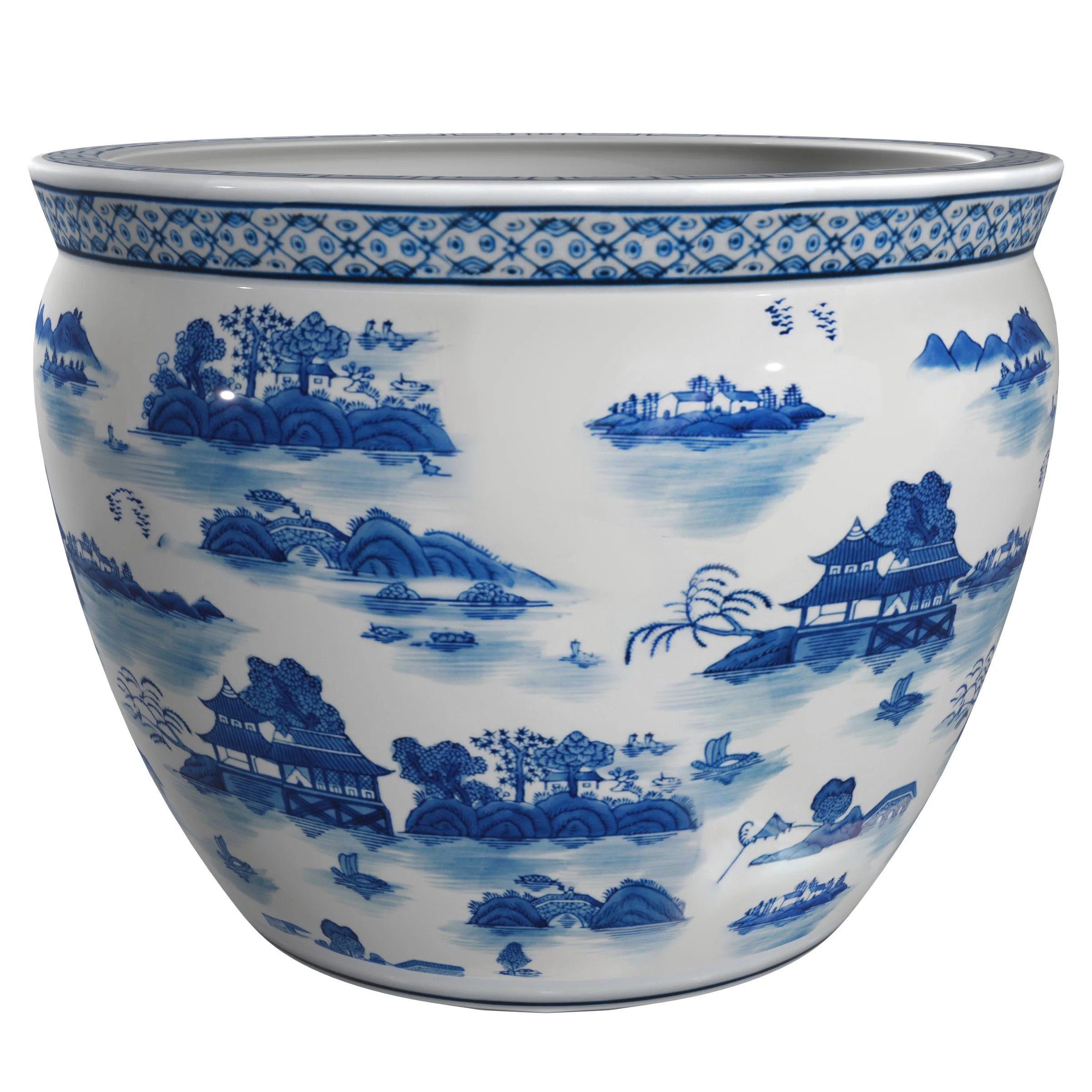 Oriental Furniture 12" Landscape Blue & White Porcelain Fishbowl - Walmart.com | Walmart (US)
