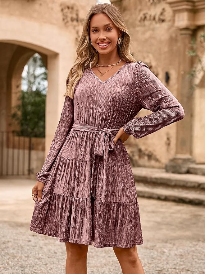 Simplee Womens Velvet Long Sleeve V Neck Fall Dress Tiered Flowy Mini Cocktail Dress Winter Casua... | Amazon (US)