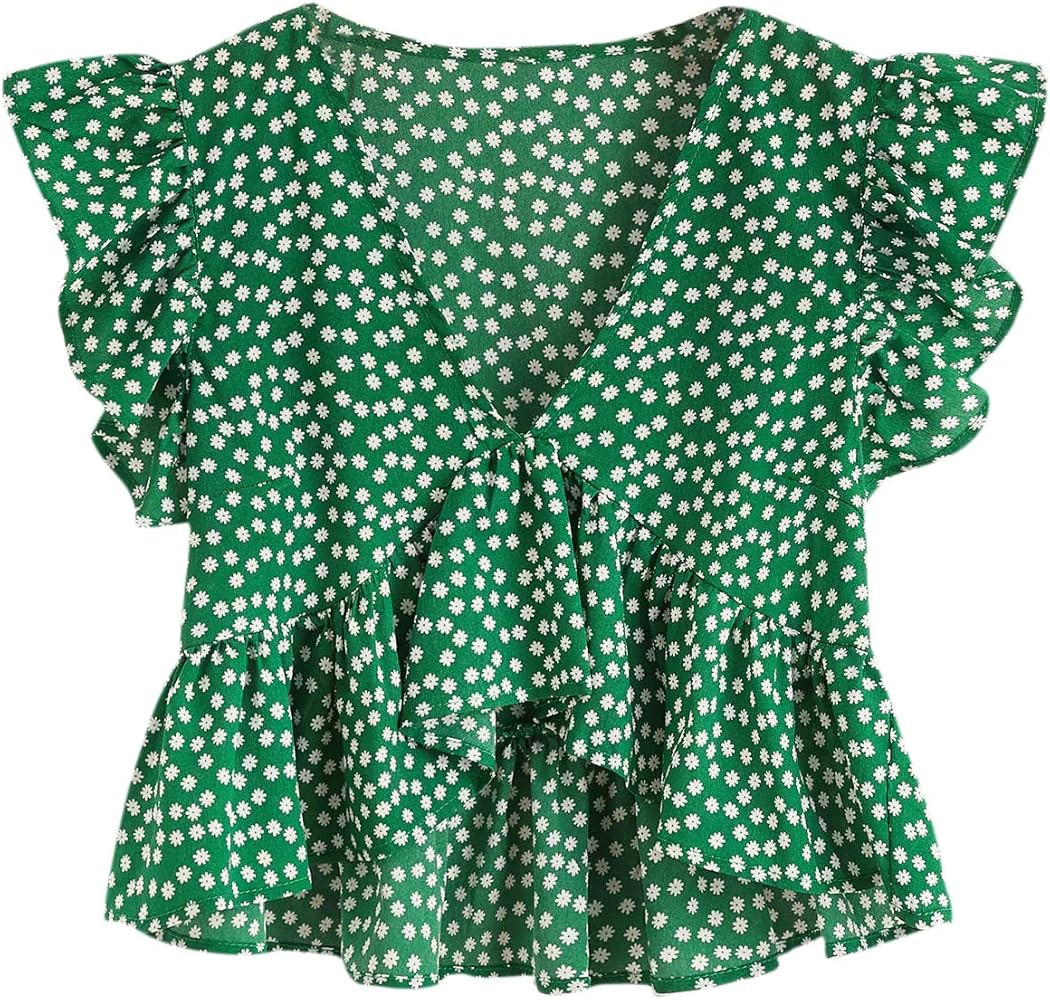 Women's Short Sleeve Deep V Neck Self Tie Front Crop Top Blouse | Amazon (US)