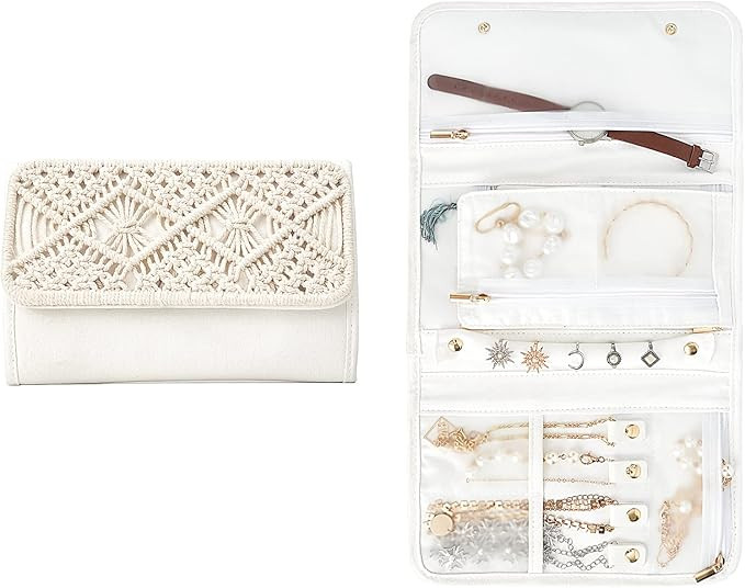 Mkono Macrame Travel Jewelry Organizer Case Boho Decor Bag Foldable Jewelry Roll for Journey-Ring... | Amazon (US)