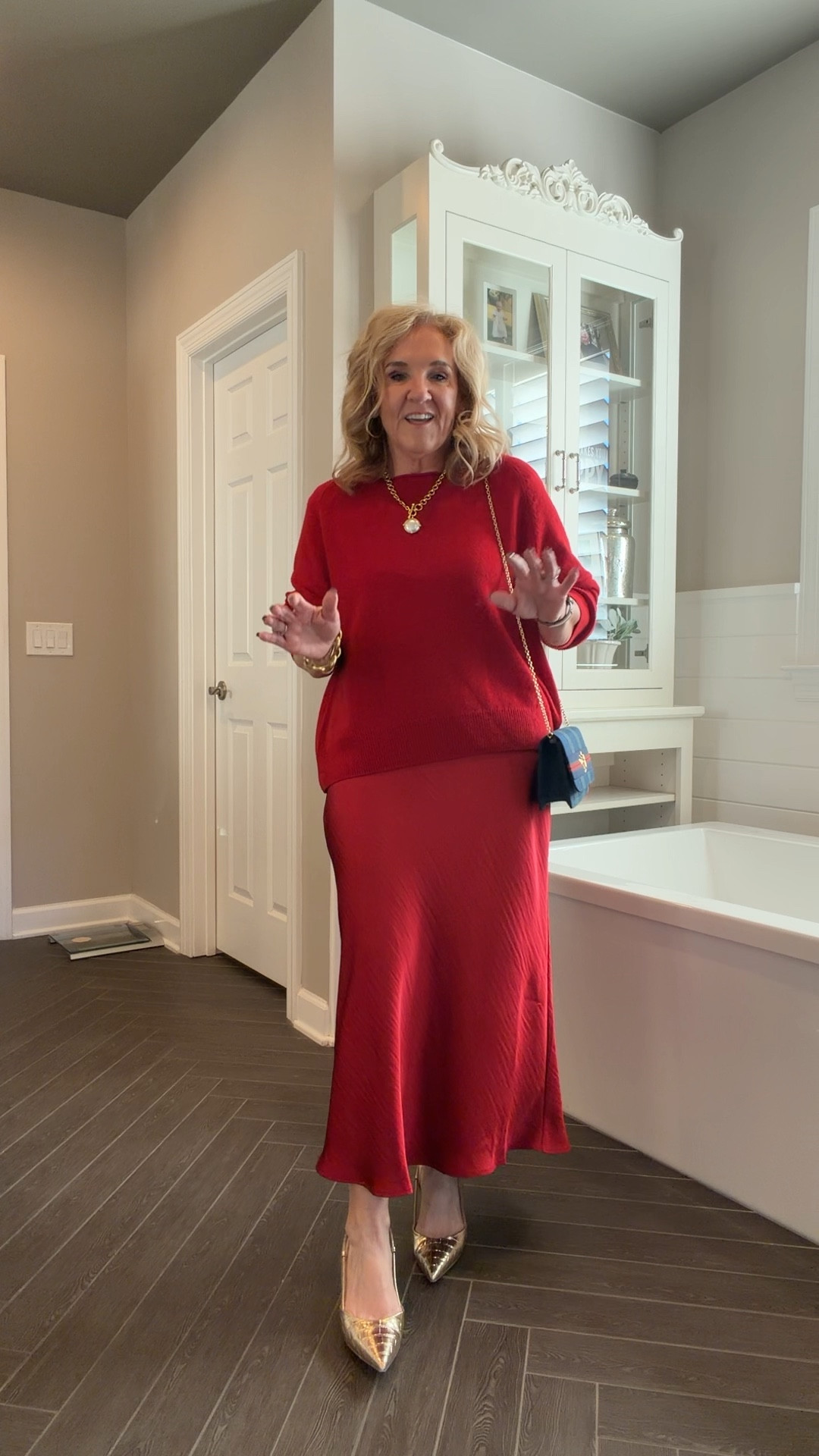 Quince cashmere sweater size large. 
Target slip skirt size small 
I’ll link gold sling bags and some pretty holiday bags too.
Julie Vos elegant jewelry 

#LTKOver40 #LTKFindsUnder100 #LTKSeasonal