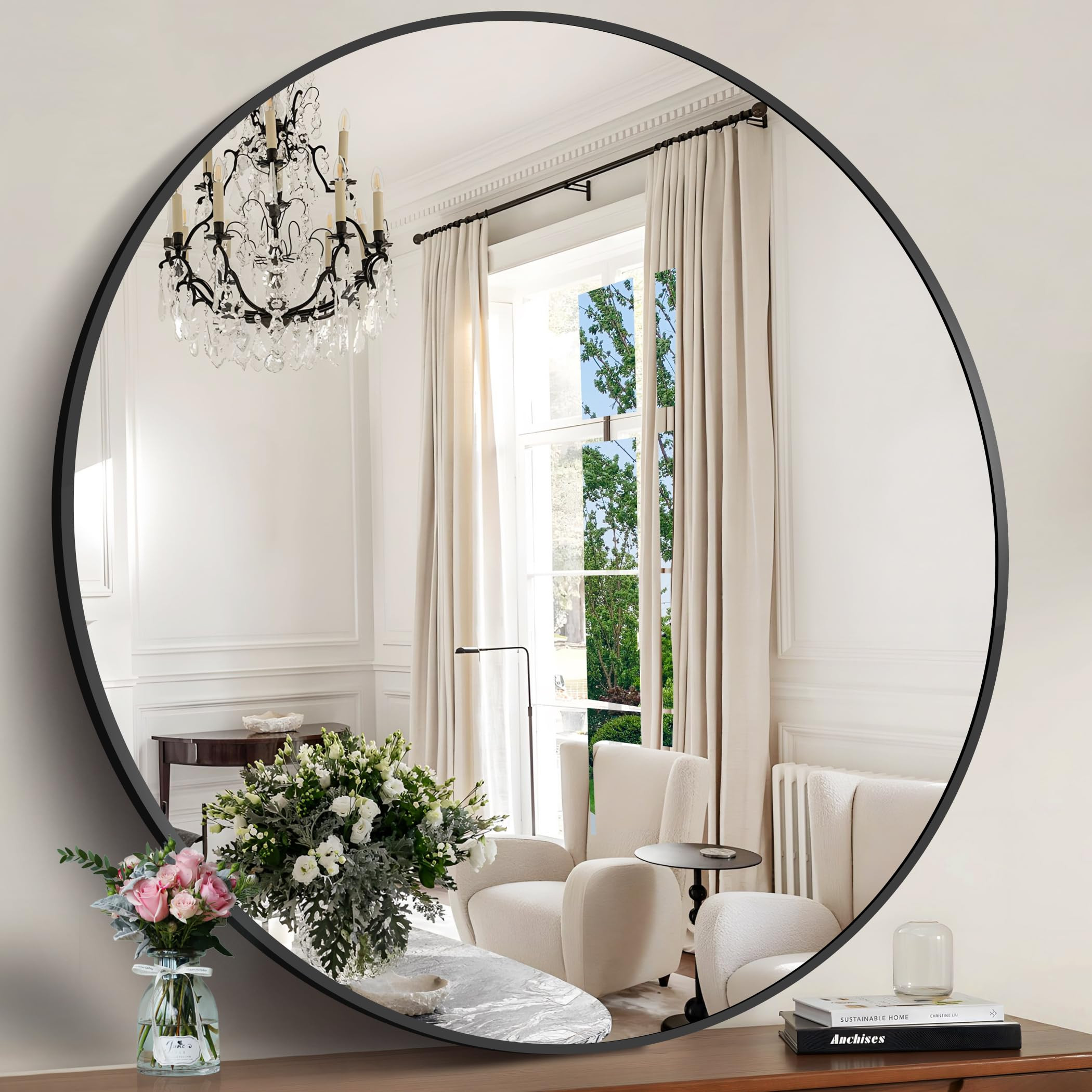 Black Round Mirror, 48 Inch Wall Mounted Round Mirror, Aluminum Alloy Metal Frame Wall Mirror, Ro... | Amazon (US)